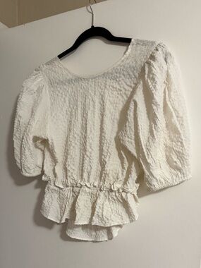 Free People Cream Textured Puff-Sleeve Peplum Blouse